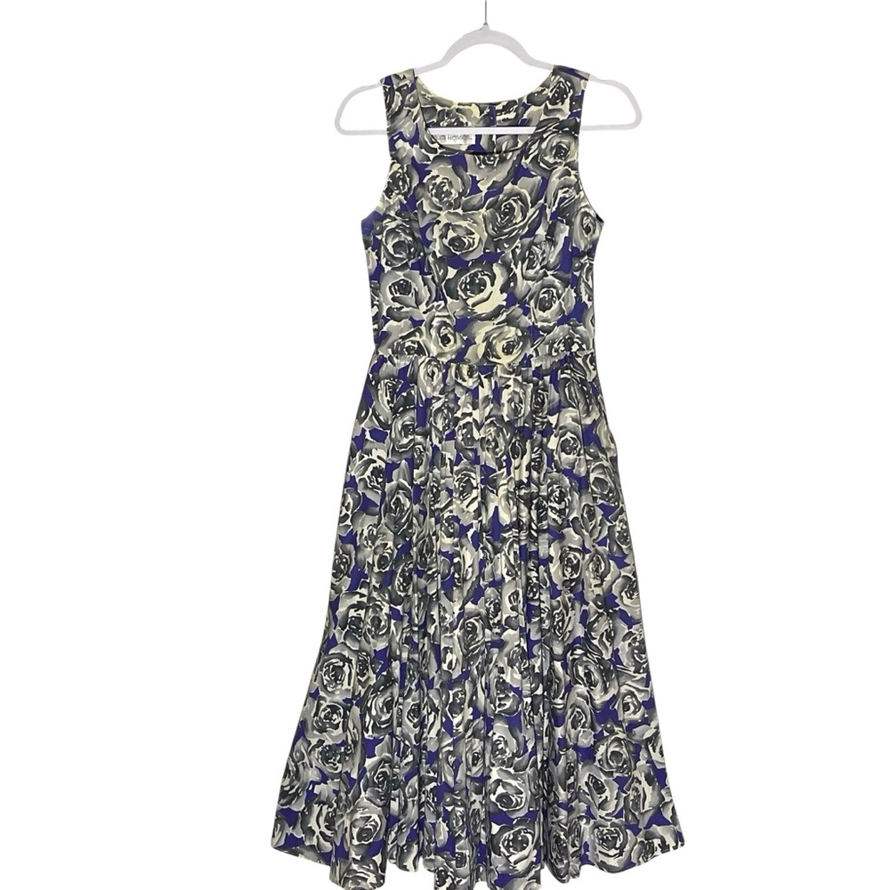 Vintage Laura Henson Purple Gray Rose Floral Fit Flare Maxi Dress Pockets Small